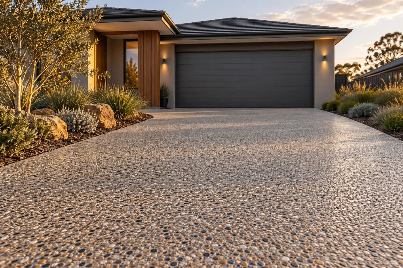 An exposed-aggregate driveway leading to a residential garage